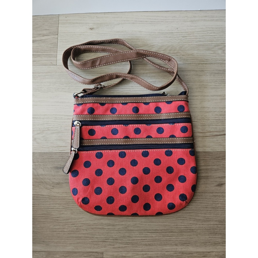 Retro Rockabilly Red Navy Polka Dot Multi Zipper Canvas Utility Crossbody Bag
